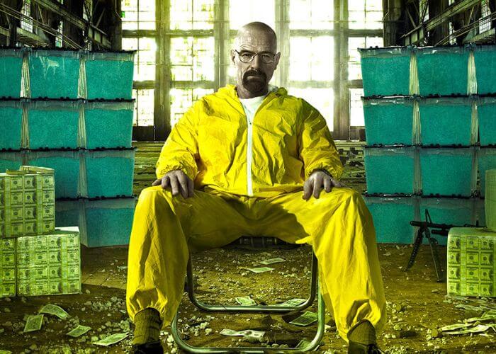 Walter White character from Breaking Bad dressed in a yellow suit