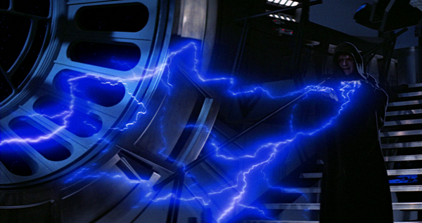 One of the 12 coolest Star Wars Universe Force skills is Force Lighting, as used by the Emperor in this scene.